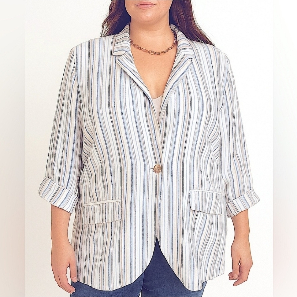 Cato Blue and Tan Striped Linen Blend Blazer NWOT